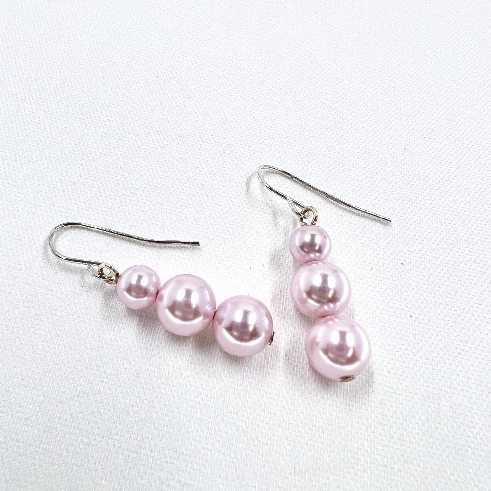 Pink Graduated Faux Pearl Silver Tone Fishhook Earrings